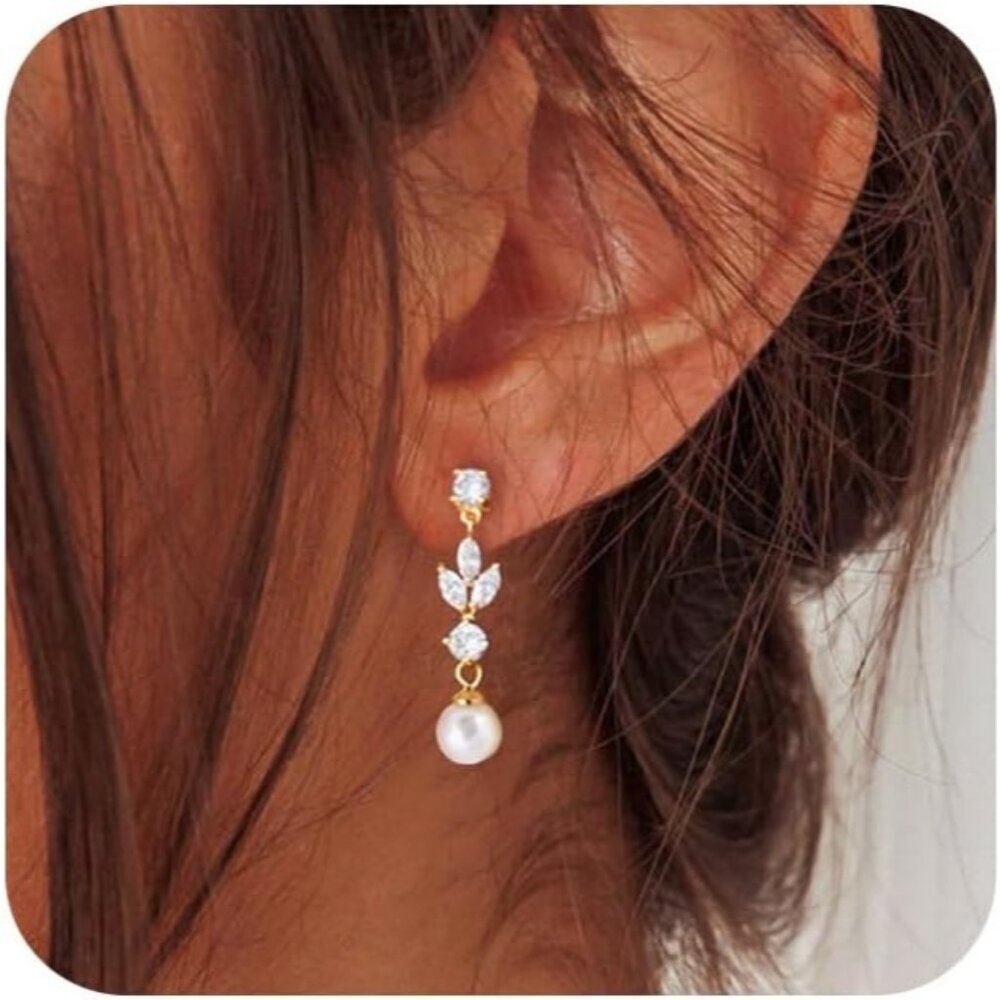 14k Gold Pearl Drop Dangle Earrings for Women, Bridal, Prom & Formal Jewelry